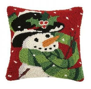 Happy Snowy Snowman Red Christmas Hooked Accent Throw Pillow 10" Square