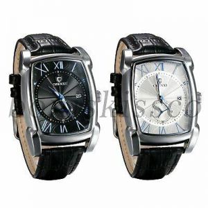 Men&#039;s Roman Numerals Square Dial Leather Band Date Time Zone Quartz Wrist Watch