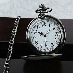 Vintage Black Chain Glossy Smooth Quartz Pocket Watch Arabic Numerals Dial Gift