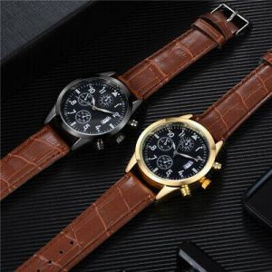Classic Stainless Steel Men&#039;s Trendy Leather Band Quartz Analog Wrist Watch Gift
