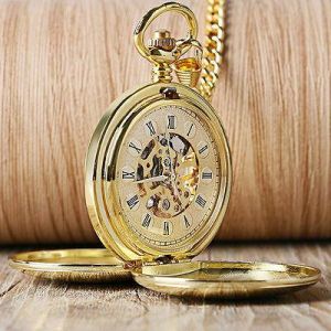 Double Hunter Gold Smooth Roman Numerals Mechanical Hand Wind Pocket Watch Chain