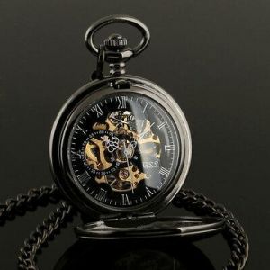 ESS Mens Pocket Watch Mechanical Black Steampunk Skeleton Retro Chain Luxury