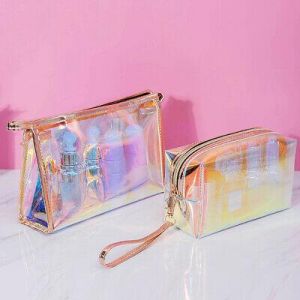 Colorful Holographic Women Cosmetic Bag TPU Clear Makeup Beauty Organizer Po_ex